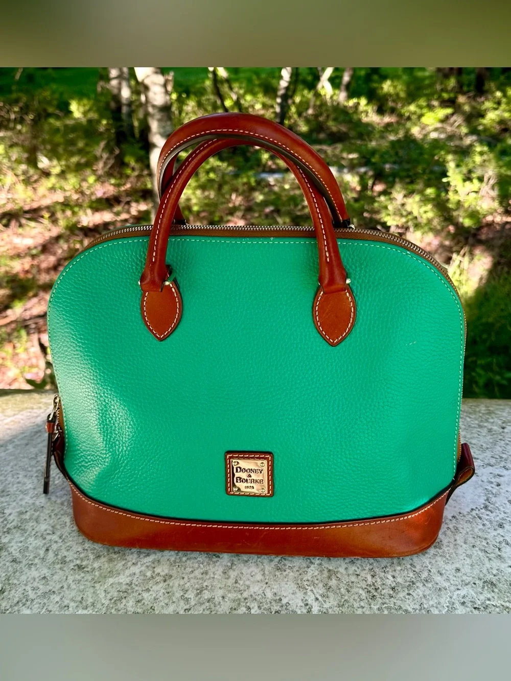 Dooney & Bourke Teal Leather Dome Satchel with Brown Trim